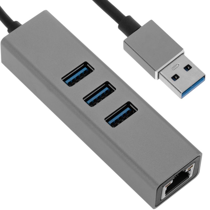 Conversor de USB 3.0 a 3xUSB 3.0 y Ethernet RJ45 color gris - RA00900 - 01